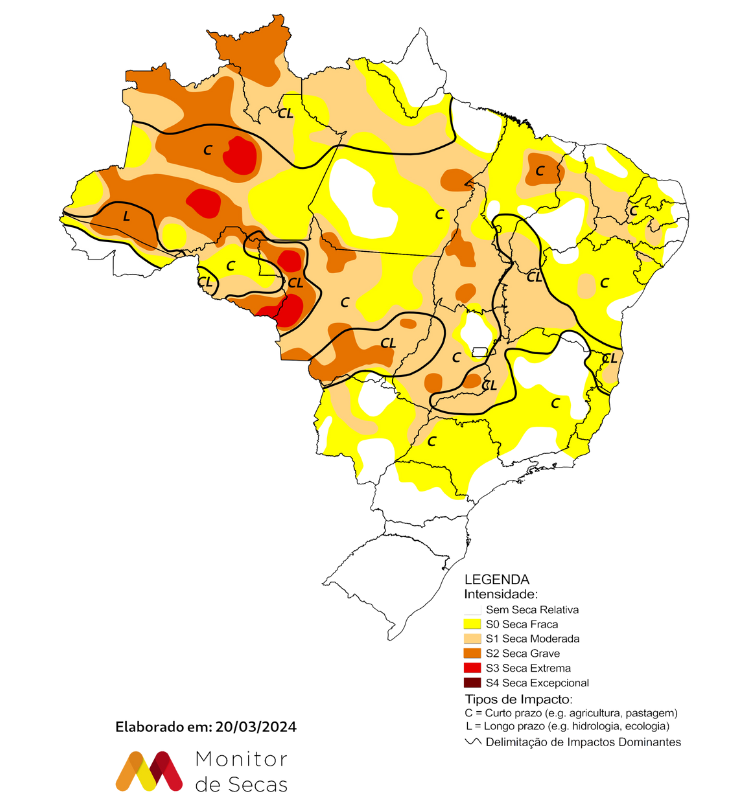 Atual cenário do Brasil, conforme o Monitor de Secas - Foto: Reprodução.
