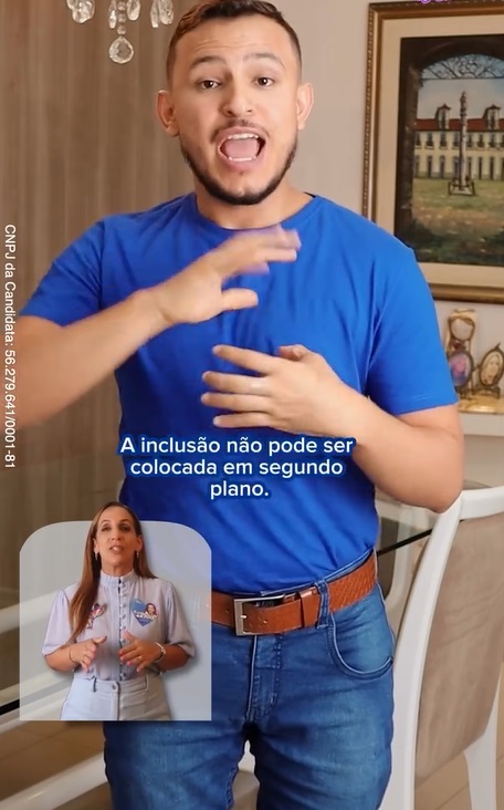 Candidata em Fortaleza traz vídeo com intérprete de libras em primeiro plano para reforçar bandeira da inclusão
