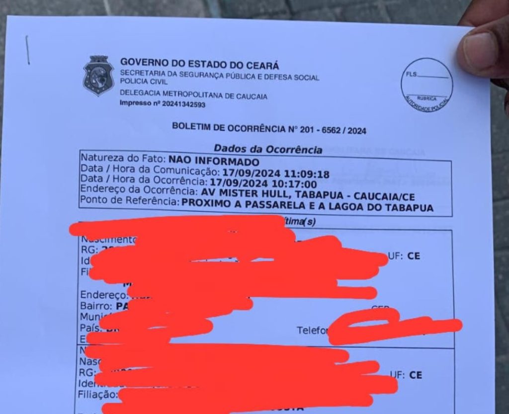 Veículo atingido e boletim de ocorrência - Imagem: Reprodução.