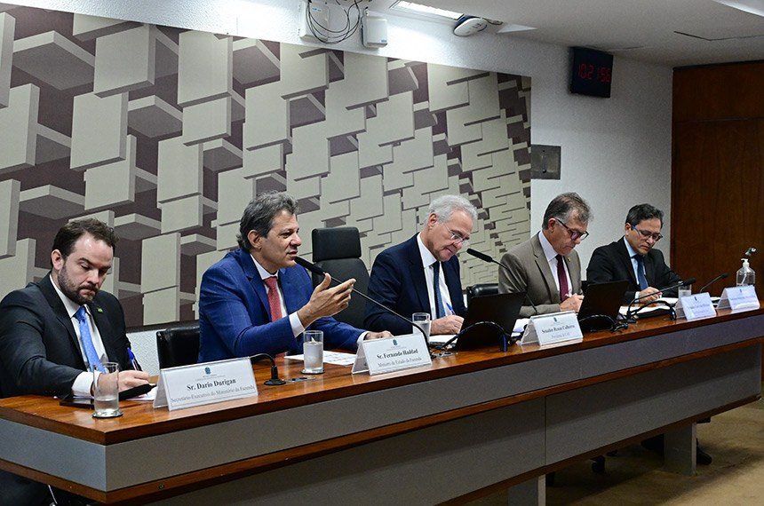 Legenda: Haddad (2º à esq.) participa de debate ao lado do relator e presidente da CAE, Renan Calheiros (C) - Foto: Geraldo Magela/Agência Senado