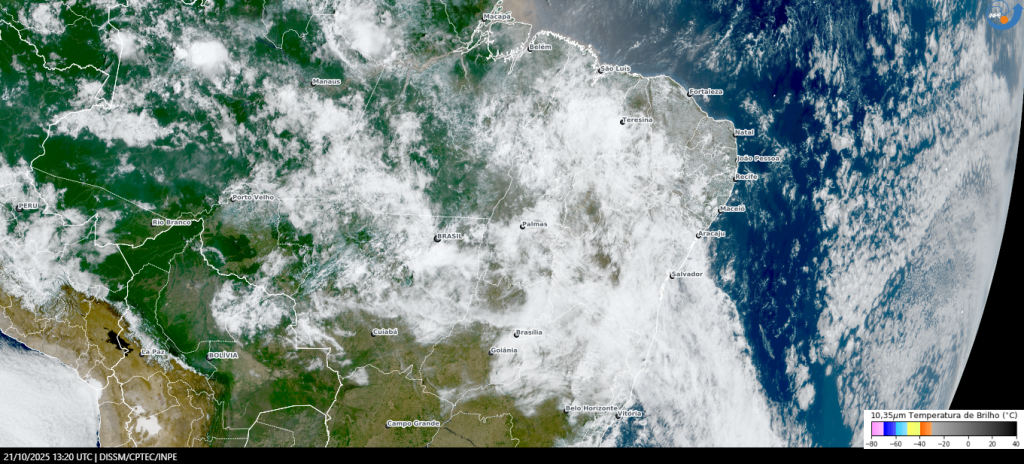 Legenda: A partir de quinta-feira (23 de outubro), a tendência é de redução das instabilidades - Foto: DSAT/CPTEC/Funceme.