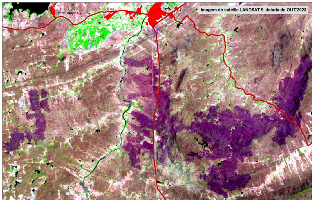 Legenda: Resposta espectral de uma cicatriz de queimada (roxo) nas imagens de satélite em Icó (FOTO: Landsat)